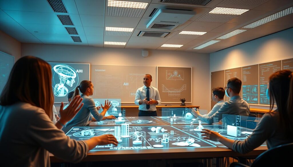 A classroom of the future, where students and teachers collaborate seamlessly with advanced AI-powered tools. In the foreground, a group of students immersed in holographic displays, manipulating digital models and simulations with fluid hand gestures. In the middle ground, an instructor guides the class, seamlessly integrating AI-generated lesson plans and real-time feedback on student progress. The background showcases a panoramic view of the smart classroom, with intelligent lighting, climate control, and voice-activated interfaces that respond to the needs of the dynamic learning environment. The scene is bathed in a warm, ambient glow, conveying a sense of wonder, creativity, and the transformative potential of AI in shaping the future of education.