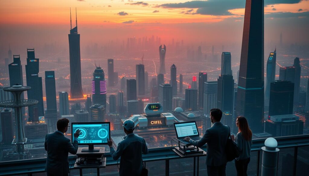 A futuristic cityscape with towering skyscrapers and advanced transportation systems. In the foreground, a group of professionals utilizing cutting-edge machine learning technologies on various digital interfaces. The middle ground showcases robotic and autonomous systems working alongside humans. In the background, a hazy skyline of networked data centers and research facilities, bathed in a warm, vibrant glow from the setting sun. The scene conveys a sense of innovation, collaboration, and the seamless integration of machine learning into the fabric of modern life.