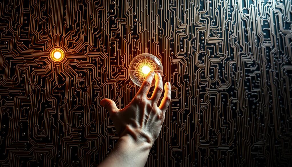 A complex quantum computer matrix forms the backdrop, its intricate circuits and algorithms representing the cutting-edge technology of Quantum AI. In the foreground, a disembodied human hand reaches towards a glowing orb, symbolizing the ethical dilemmas and moral considerations that must be grappled with as this powerful new field advances. The lighting is sharp and dramatic, casting deep shadows that suggest the gravity of the subject matter. The overall atmosphere is one of awe, wonder, and a sense of unease, reflecting the profound implications of Quantum AI and the need to navigate its ethical landscape with great care and foresight.