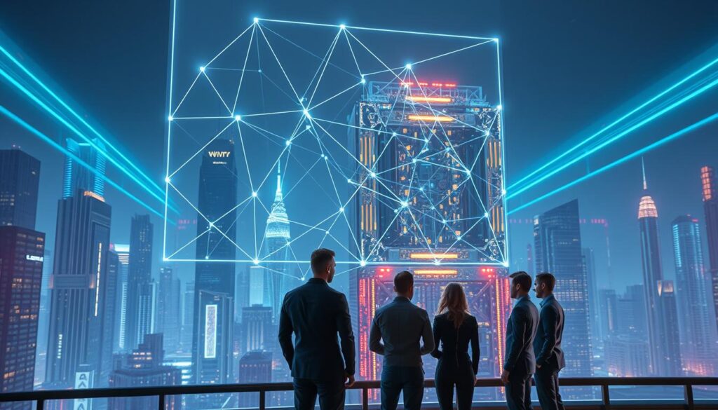 A futuristic cityscape bathed in a neon-tinged glow, with towering skyscrapers and floating holographic displays. In the foreground, a holographic projection of a complex mathematical algorithm, its intricate lines and curves pulsing with energy. In the middle ground, a team of researchers in sleek, futuristic attire, intently studying the algorithm and conversing with each other. In the background, a massive quantum computer, its intricate components glowing with an otherworldly light, serving as the nexus of this advanced financial system. The scene conveys a sense of technological wonder, seamless integration, and the power of quantum computing to revolutionize the world of finance.
