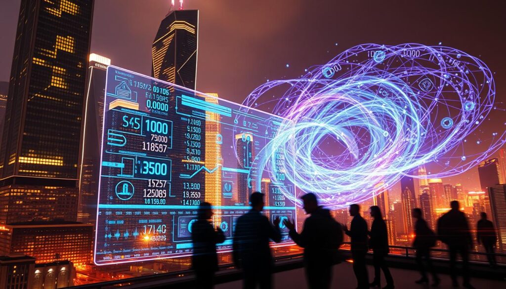 A futuristic cityscape with towering skyscrapers made of gleaming metal and glass, bathed in a warm, pulsing glow. In the foreground, a holographic display showcases complex financial data, with numbers and algorithms cascading across the screen. In the middle ground, a group of figures, shrouded in a blur of motion, interact with the display, their hands gesturing and fingers tapping. In the background, a swirling vortex of quantum energy, rendered in shimmering blues and purples, weaves through the cityscape, hinting at the powerful, unseen forces driving the financial markets of the future.