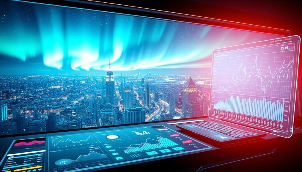 A high-tech, futuristic data analytics dashboard illuminated by holographic projections and neon-lit interfaces. In the foreground, sleek 3D data visualizations and interactive touchscreens showcase the latest analytical trends and insights. The middle ground features a panoramic view of a bustling city skyline, symbolizing the global impact of data-driven decision-making. In the background, a starry, aurora-lit sky represents the vast, untapped potential of data analytics to transform business and society. Diffused, warm lighting casts an aura of innovation and progress, while the sharp, angular design evokes a sense of precision and technological sophistication.