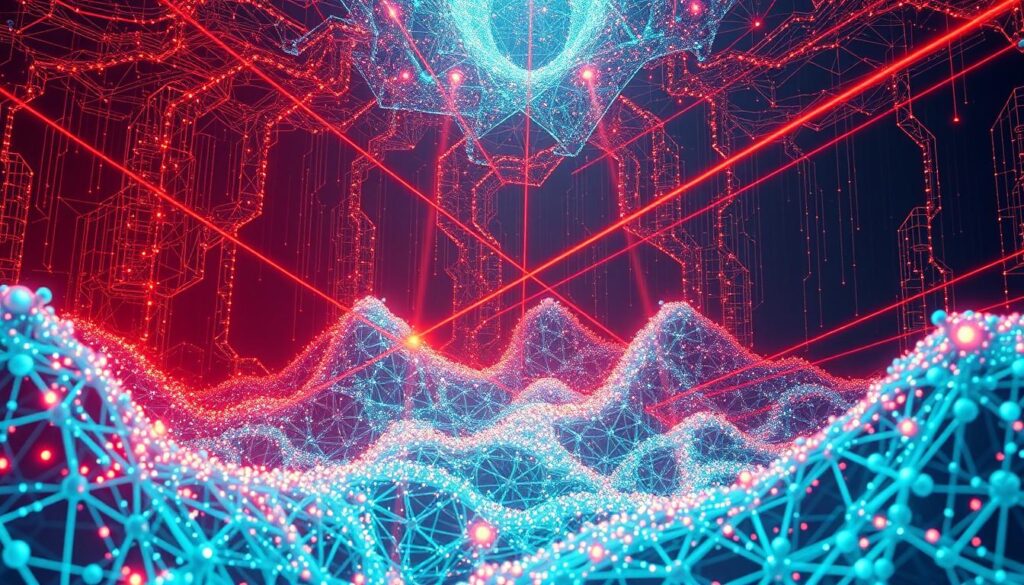 A quantum AI system, its intricate circuits shimmering with an otherworldly energy, stands in stark contrast to the rigid, monolithic structures of traditional AI. Vast arrays of qubits, entangled and superimposed, create a pulsing, fractal-like landscape that defies classical computation. Beams of light, guided by advanced optics, weave through the quantum processor, encoding and decoding information at speeds beyond human comprehension. The air hums with an ethereal tension, as the system grapples with problems that would overwhelm even the most powerful classical computers. This is the future of AI, a realm where the laws of quantum mechanics unlock new frontiers of possibility.