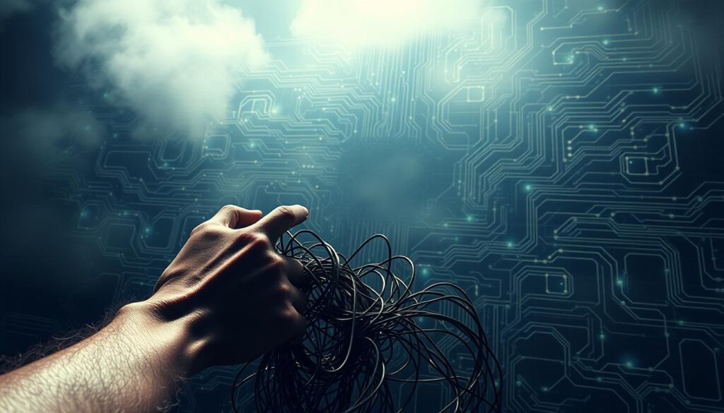 A vast, complex quantum circuit board dominates the frame, its intricate web of interconnected components and pathways glowing with an ethereal, otherworldly luminescence. In the foreground, a disembodied hand grapples with a jumble of tangled wires, symbolizing the challenges of manipulating and controlling the elusive quantum realm. The background is shrouded in a hazy, indistinct fog, suggesting the uncertainty and unpredictability that plagues quantum computing. Dramatic shadows and harsh, directional lighting cast an ominous, foreboding atmosphere, conveying the daunting obstacles that researchers and engineers must overcome to harness the immense potential of quantum technology.