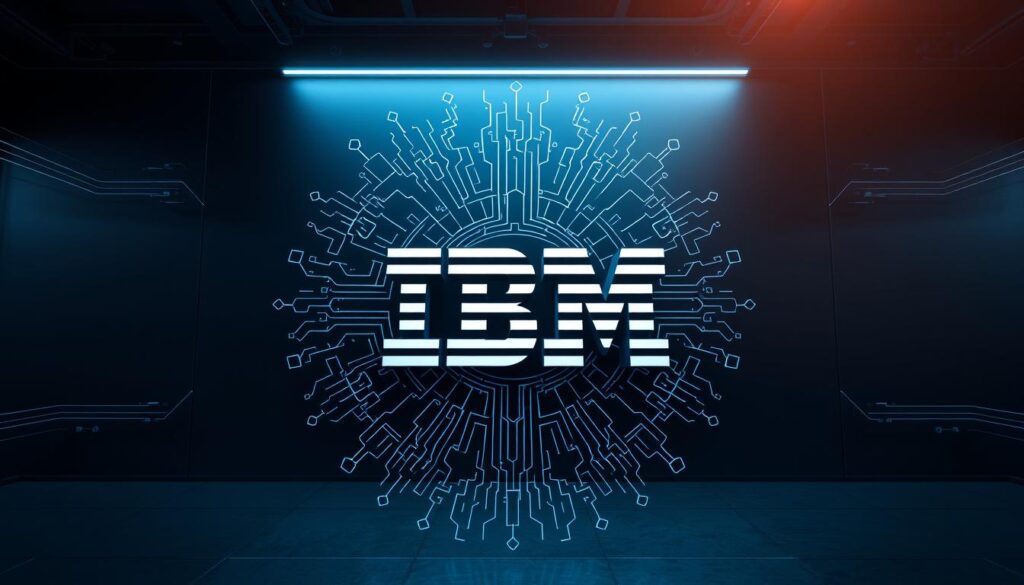 a high-resolution, detailed, photorealistic image of the IBM Quantum AI logo, set against a sleek, futuristic background. The logo is prominently displayed in the center, with intricate, precision-engineered quantum circuit patterns radiating outward from the iconic IBM emblem. The background features a minimalist, industrial aesthetic with a dark, moody color palette, creating a sense of technological sophistication and innovation. Bright, directional lighting from the top-left illuminates the scene, casting dramatic shadows and highlights to emphasize the depth and dimensionality of the quantum circuit patterns. The overall composition conveys a powerful, cutting-edge representation of IBM's commitment to advancing quantum computing and artificial intelligence.
