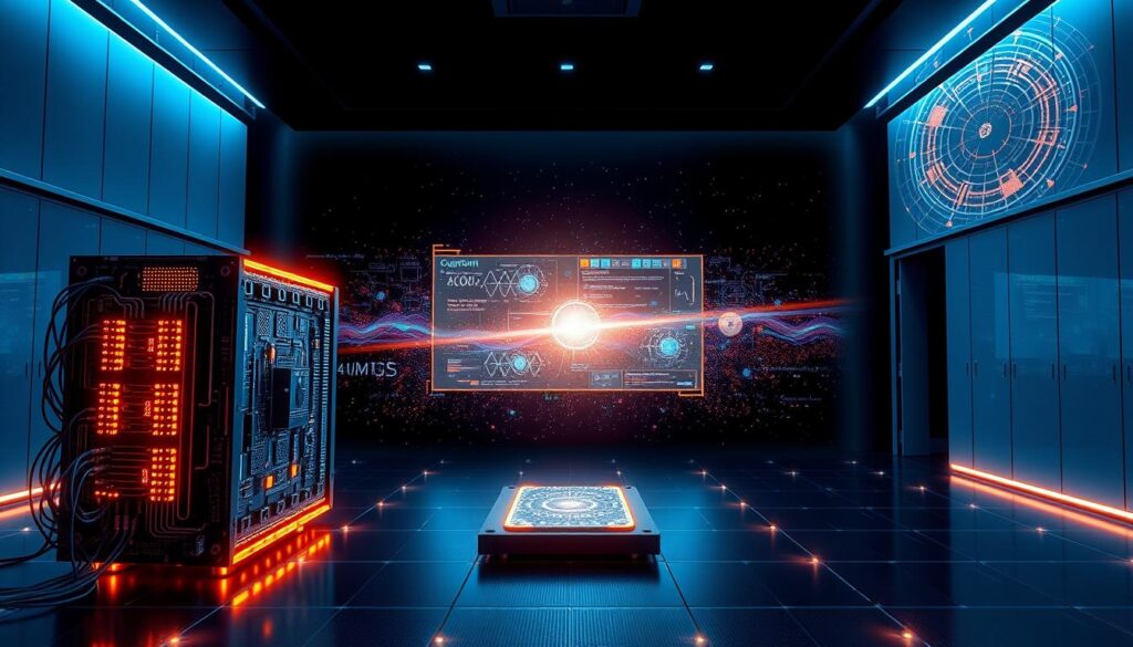 a highly detailed, photorealistic image of quantum technology, showing a futuristic quantum computer in a sleek, minimalist laboratory setting. The foreground features the quantum computer, a complex arrangement of glowing quantum processors, superconducting circuits, and a matrix of laser beams. The middle ground showcases a holographic display projecting complex mathematical equations and data visualizations, while the background depicts a vast, immersive landscape of quantum phenomena, with swirling energy fields, entangled particles, and the shimmering fabric of spacetime. The lighting is a captivating blend of cool, blue tones and warm, amber hues, creating a sense of scientific wonder and technological sophistication. The overall mood is one of discovery, innovation, and the boundless potential of quantum computing.