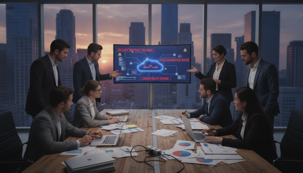 A bustling office environment illustrating the challenges of cloud migration. In the foreground, a diverse team of business professionals in smart casual attire, engaged in a serious discussion around a large table cluttered with laptops, documents, and charts reflecting data transfer issues. In the middle ground, a large monitor displays a complex diagram of cloud infrastructure, highlighting obstacles such as security, integration, and data compatibility. The background features a modern city skyline visible through large windows, symbolizing technological advancement and growth. Soft, natural lighting filters in, creating a focused yet slightly tense atmosphere, emphasizing the importance of overcoming migration hurdles for business success.