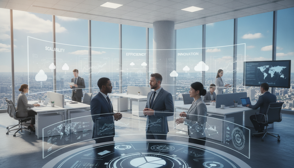 A dynamic corporate environment showcasing the core benefits of cloud computing for business growth. In the foreground, a diverse group of three professionals in business attire engaged in a discussion, surrounded by digital screens displaying graphs and cloud icons, representing data analytics and connectivity. In the middle ground, an open office space filled with modern furniture and various tech devices, symbolizing innovation and collaboration. The background features large windows with a city skyline view under a bright blue sky, illustrating a sense of openness and opportunity. Soft natural lighting streams in, creating a vibrant and optimistic atmosphere. The image should be high-resolution, maintaining a professional tone and clarity, emphasizing the theme of progress and technological advancement.
