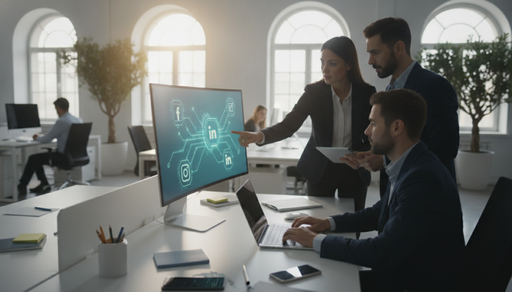 A dynamic workspace showcasing the concept of social media integration in digital marketing. In the foreground, a diverse group of three professionals, dressed in smart business attire, actively collaborating around a sleek computer. One person gestures towards a vibrant screen displaying social media icons like Facebook, Twitter, and Instagram. In the middle ground, a modern office environment with plants and minimalist decor, creating a fresh atmosphere. The background features large windows with daylight streaming in, adding warmth and a professional feel. Soft focus highlights on the tools of digital marketing—tablets and laptops—while the overall mood is energetic and innovative, symbolizing growth and creativity in e-commerce. Use a wide-angle view to capture the collaborative spirit. A dynamic workspace showcasing the concept of social media integration in digital marketing. In the foreground, a diverse group of three professionals, dressed in smart business attire, actively collaborating around a sleek computer. One person gestures towards a vibrant screen displaying social media icons like Facebook, Twitter, and Instagram. In the middle ground, a modern office environment with plants and minimalist decor, creating a fresh atmosphere. The background features large windows with daylight streaming in, adding warmth and a professional feel. Soft focus highlights on the tools of digital marketing—tablets and laptops—while the overall mood is energetic and innovative, symbolizing growth and creativity in e-commerce. Use a wide-angle view to capture the collaborative spirit.
