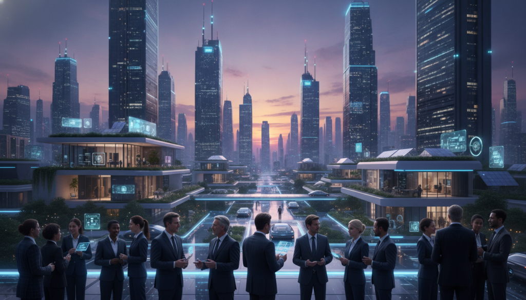 A futuristic city skyline at dusk, illuminated by countless glowing IoT devices and smart technology seamlessly integrated into everyday life. In the foreground, a diverse group of professionals, dressed in smart business attire, are engaged in discussions, surrounded by drones and autonomous vehicles. The middle ground features smart homes with digital interfaces and green energy solutions, showcasing interconnected living spaces. In the background, skyscrapers equipped with advanced communication antennas reflect a purple and orange sunset, creating a warm atmosphere. Soft, ambient lighting highlights the innovation of smart city infrastructure, while a clear focus draws the eye towards the bustling interactions among people and technology. The composition captures a sense of optimism and forward-thinking in a connected world. A futuristic city skyline at dusk, illuminated by countless glowing IoT devices and smart technology seamlessly integrated into everyday life. In the foreground, a diverse group of professionals, dressed in smart business attire, are engaged in discussions, surrounded by drones and autonomous vehicles. The middle ground features smart homes with digital interfaces and green energy solutions, showcasing interconnected living spaces. In the background, skyscrapers equipped with advanced communication antennas reflect a purple and orange sunset, creating a warm atmosphere. Soft, ambient lighting highlights the innovation of smart city infrastructure, while a clear focus draws the eye towards the bustling interactions among people and technology. The composition captures a sense of optimism and forward-thinking in a connected world.