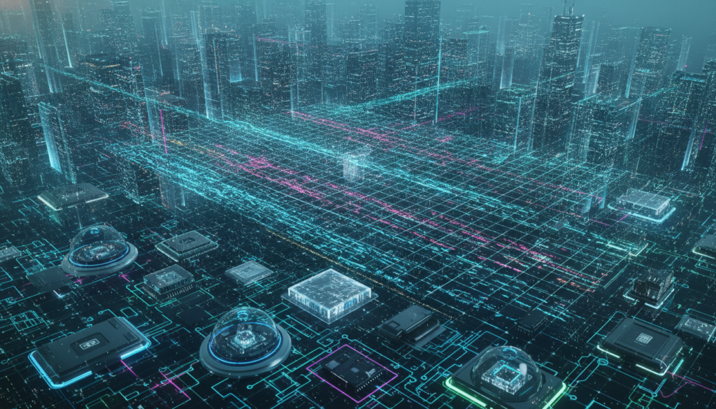 A futuristic network hub showcasing core technologies that power connectivity. In the foreground, an array of sleek devices—smart sensors, microcontrollers, and IoT devices—intertwined with glowing, colorful circuit patterns. In the middle, a dynamic visual representation of data flow, like vibrant streams of light coursing through a transparent network grid. The background features a digital cityscape with skyscrapers connected by shimmering data lines, representing the Internet of Things at work. The scene is illuminated with a soft, cool blue and green lighting, creating a high-tech, clean atmosphere. The angle is slightly overhead to emphasize the network's expansive reach and complexity, conveying a sense of innovation and connectivity. The overall mood is optimistic and forward-looking, reflecting advances in technology.