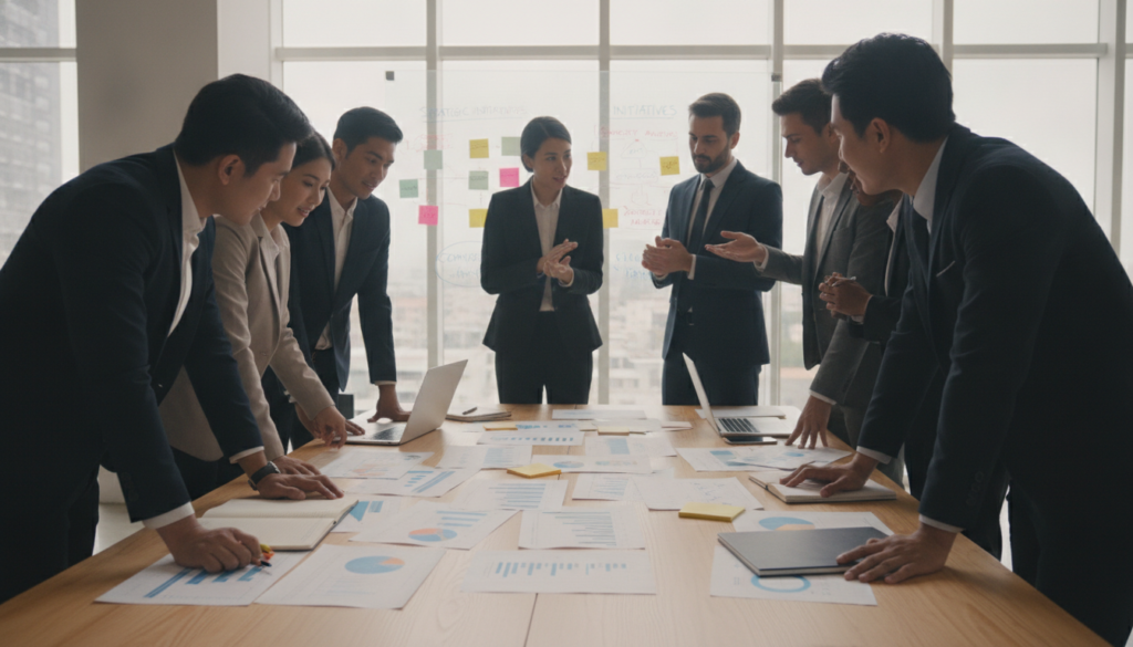 A modern office space featuring a diverse group of professionals in business attire, actively engaged in creating a comprehensive business plan. In the foreground, a large table cluttered with colorful graphs, charts, and laptops, showcasing market research data. The middle ground reveals a display board filled with strategic ideas and competitive analysis. The backdrop includes large windows with soft, natural light streaming in, casting a warm glow throughout the room. The atmosphere is focused and collaborative, with individuals brainstorming with intensity. The perspective is a wide-angle shot, capturing the dynamic energy and interaction among team members, reflecting professionalism and enthusiasm for e-commerce growth. A modern office space featuring a diverse group of professionals in business attire, actively engaged in creating a comprehensive business plan. In the foreground, a large table cluttered with colorful graphs, charts, and laptops, showcasing market research data. The middle ground reveals a display board filled with strategic ideas and competitive analysis. The backdrop includes large windows with soft, natural light streaming in, casting a warm glow throughout the room. The atmosphere is focused and collaborative, with individuals brainstorming with intensity. The perspective is a wide-angle shot, capturing the dynamic energy and interaction among team members, reflecting professionalism and enthusiasm for e-commerce growth.