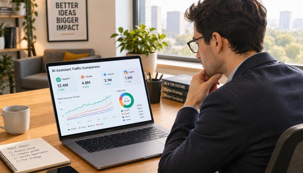 A person compares AI assistant traffic figures on a laptop A person compares AI assistant traffic figures on a laptop