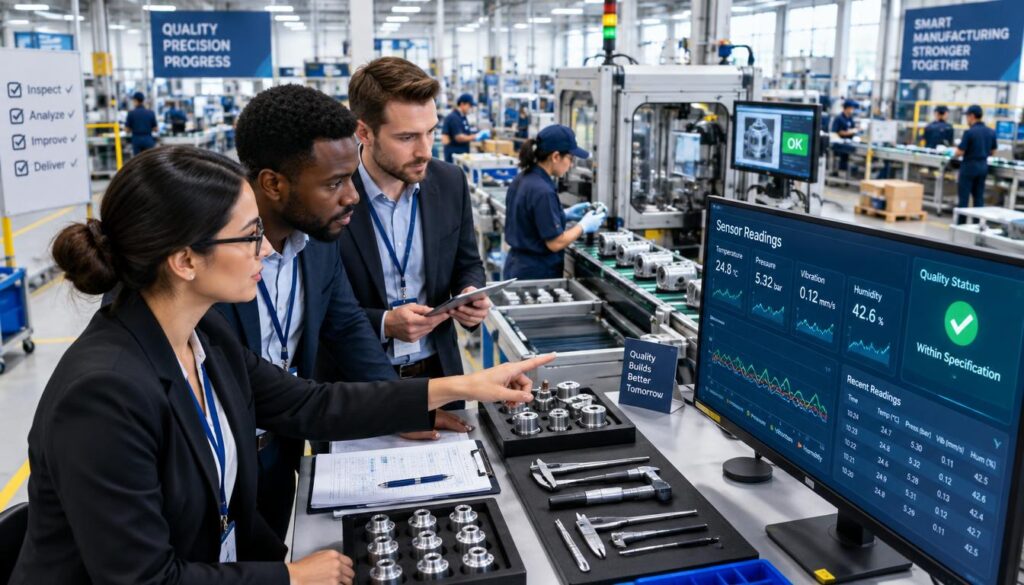 Factory team checks sensor readings and a product quality inspection Factory team checks sensor readings and a product quality inspection