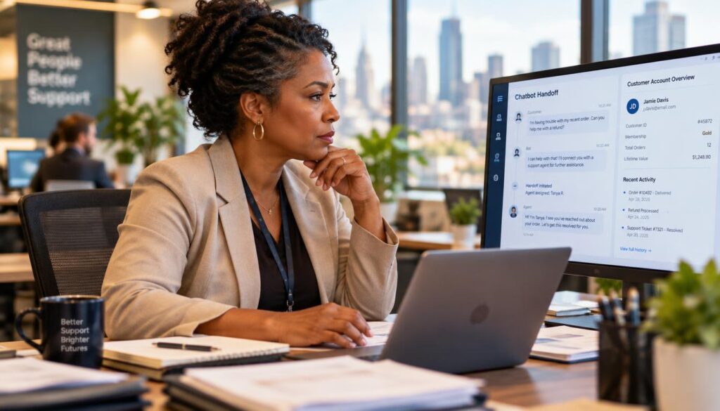 Support agent reviews a chatbot handoff beside a customer account Support agent reviews a chatbot handoff beside a customer account